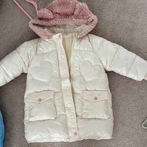 Cream Puffer Jacket with Pink Hood